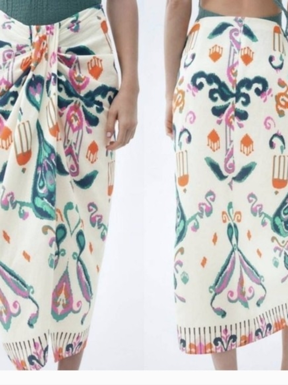 Zara Cream Midi Skirt with Teal, Pink & Orange Print
